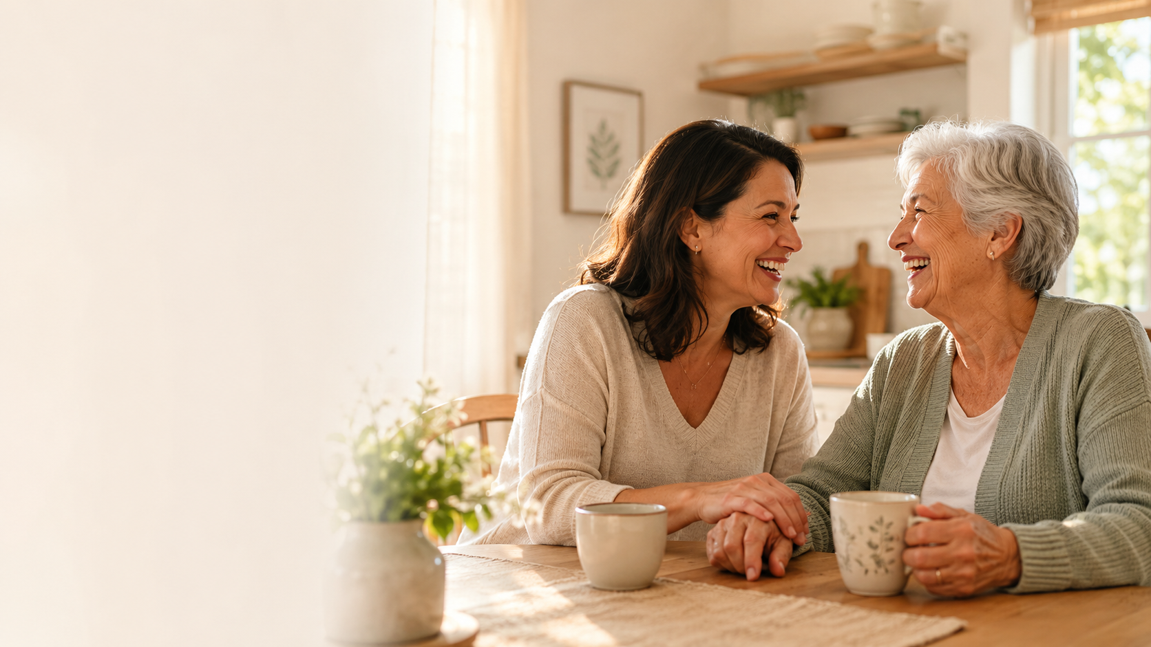 A caregiver and the older woman she cares for sharing a warm moment at a sunlit kitchen table