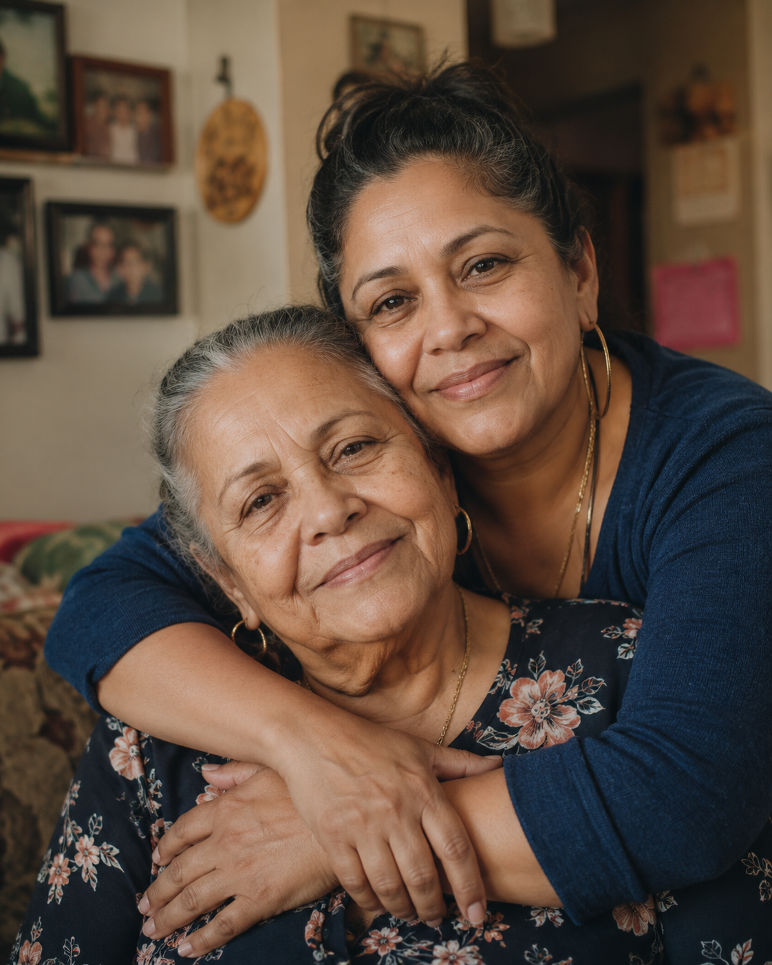 A daughter embracing her elderly mother at home
