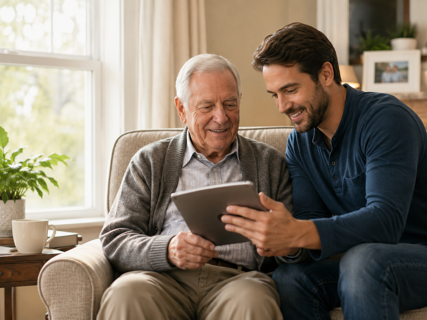 An older man at home reviewing something on a tablet with a younger relative
